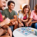 Groupe de jeunes amis joyeux qui s'amusent à jouer au jeu de société Ludo tout en passant du temps ensemble à la maison